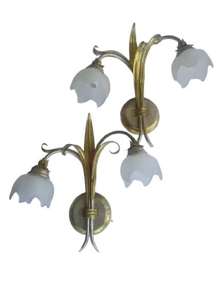 Paire-appliques-murales-dorees-argentees-Keria-Italie-vintage