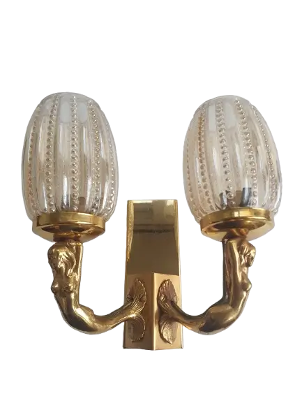 applique-murale-bronze-dore-sirenes-verre-ambre-ancienne-vintage