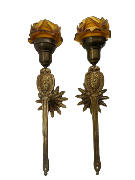 Paire d'appliques murales grandes torche fleurs anciennes