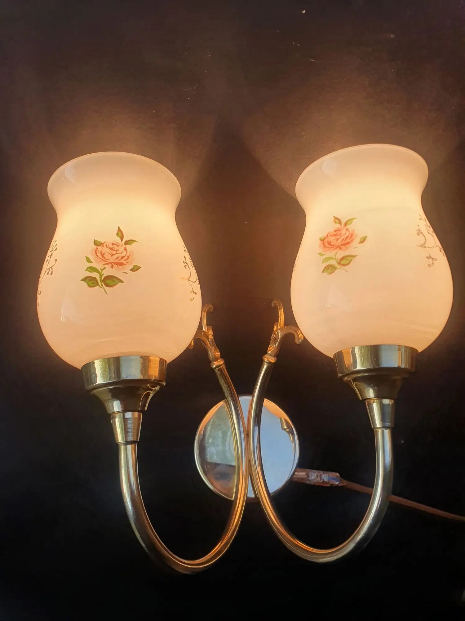 paire-appliques-murales-vintage-laiton-dore-verre-opalin-roses-annees-50-allumee-1